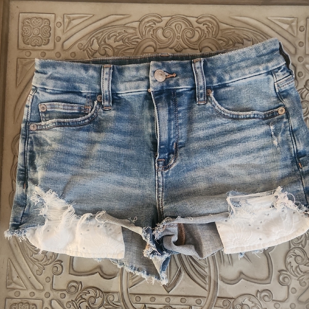 American Eagle Outfitters Distressed Denim Shorts with Lace Trim - Blue